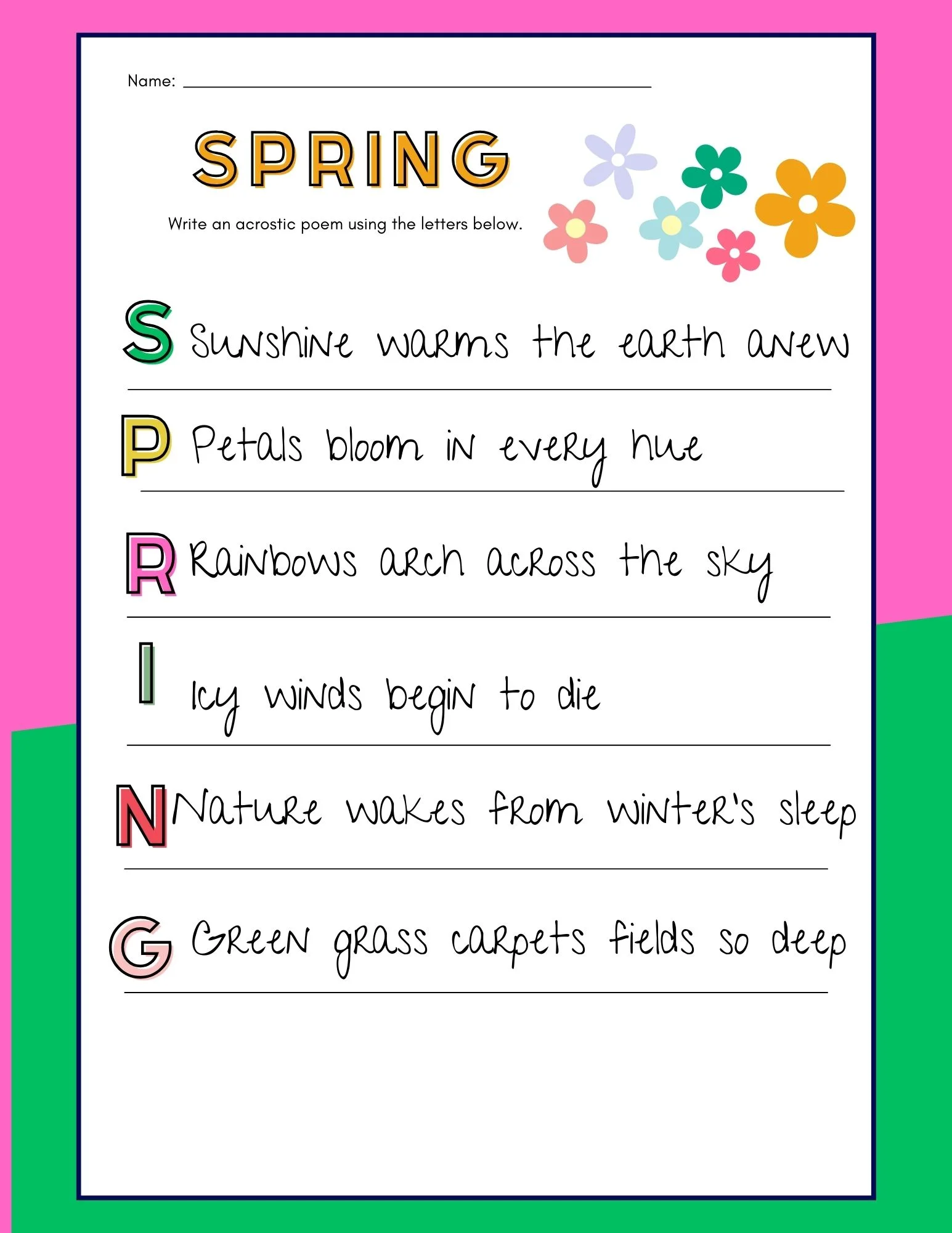 First grade students writing spring acrostic poems with the word spring on a seasonal poetry worksheet