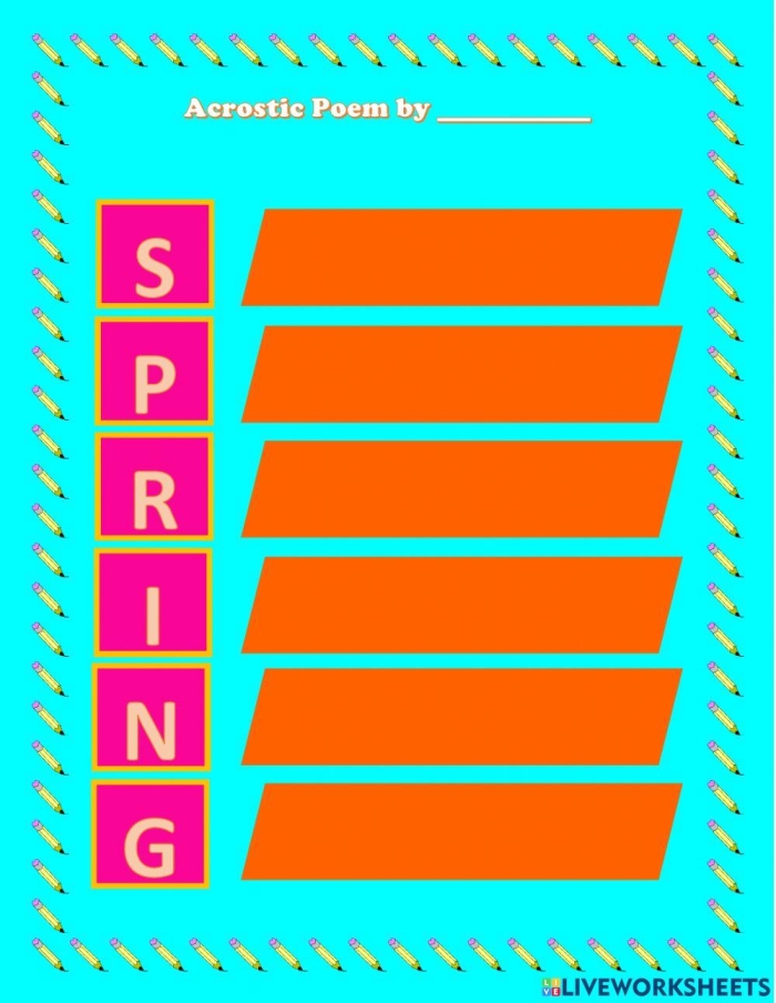 First grade student worksheet for writing a spring acrostic poem featuring floral decorations