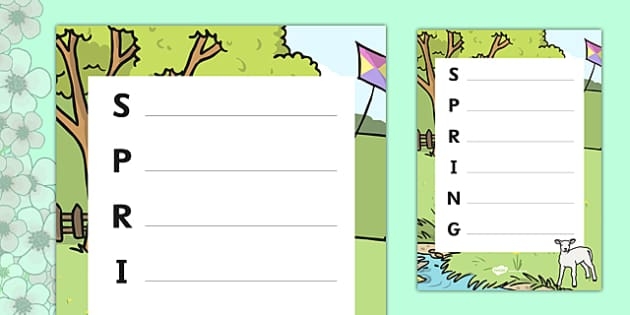 First grade students writing spring acrostic poems with the word spring on a worksheet activity