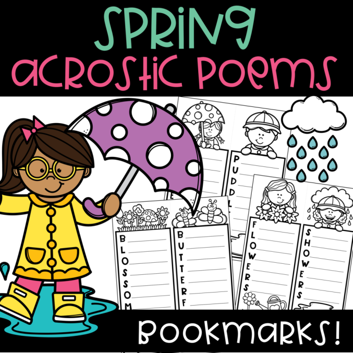 First grade worksheet featuring a Spring acrostic poem writing activity for students