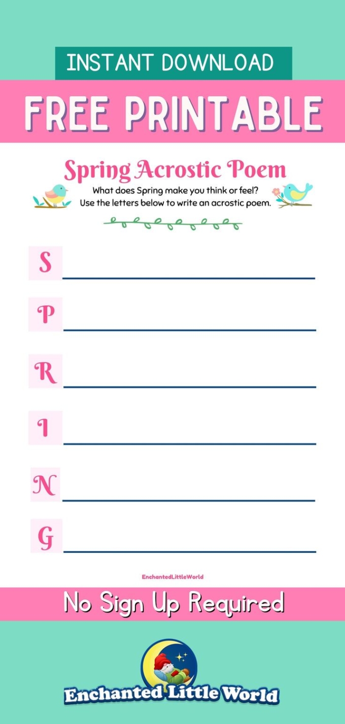 First grade student writing a Spring acrostic poem on a seasonal worksheet