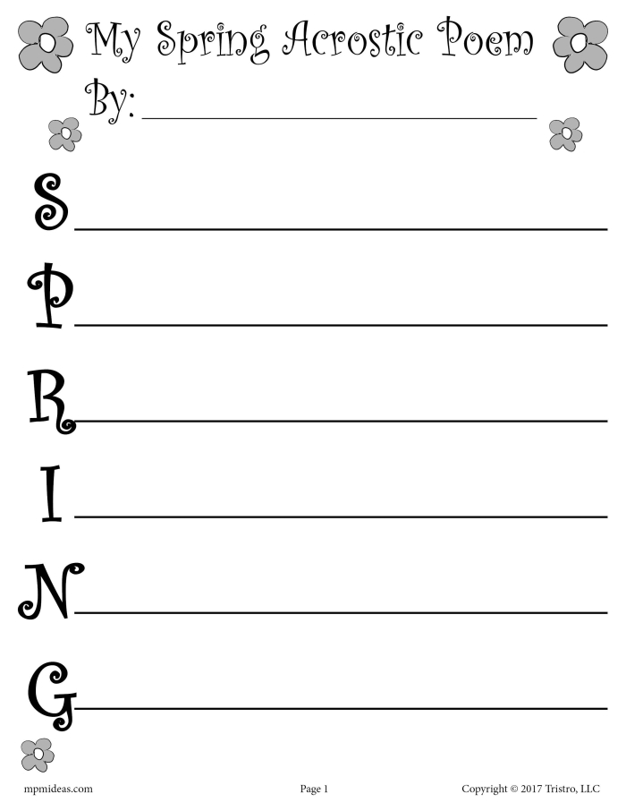 First grade student completing a spring acrostic poem writing worksheet