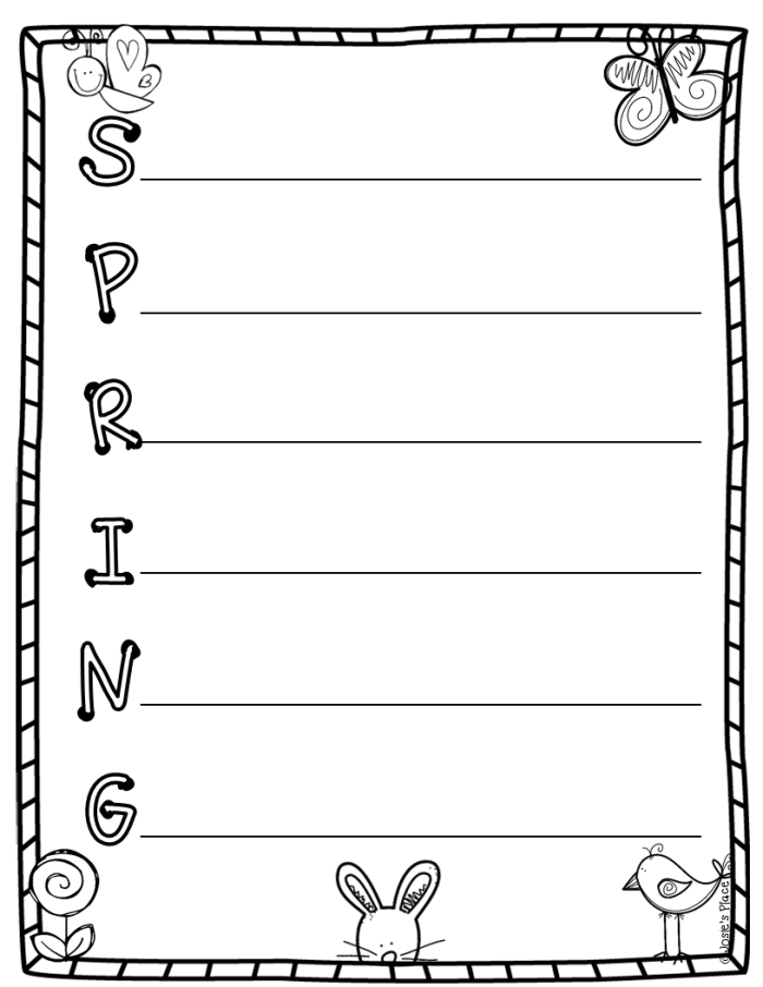 First grade student worksheet featuring a spring acrostic poem writing activity