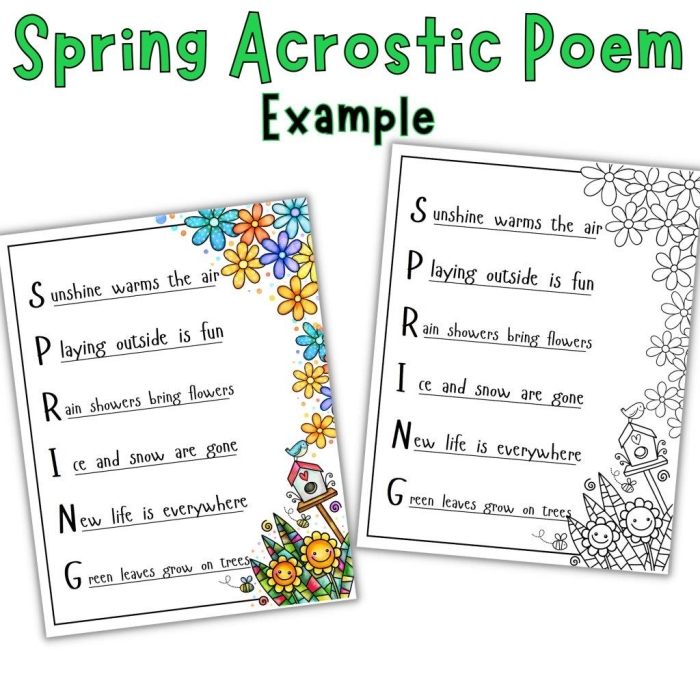 First grade students writing spring acrostic poems with the word spring on a seasonal poetry worksheet