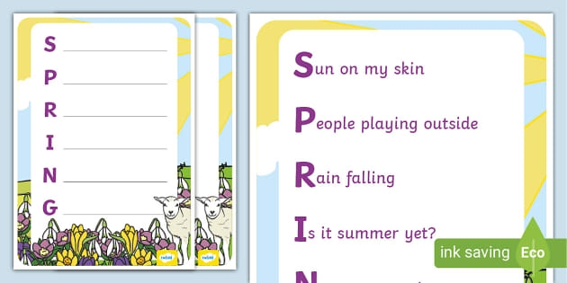 First grade students writing spring acrostic poems with the word spring on a seasonal poetry worksheet