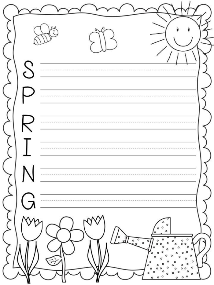 First grade students writing spring acrostic poems with the word spring on a worksheet
