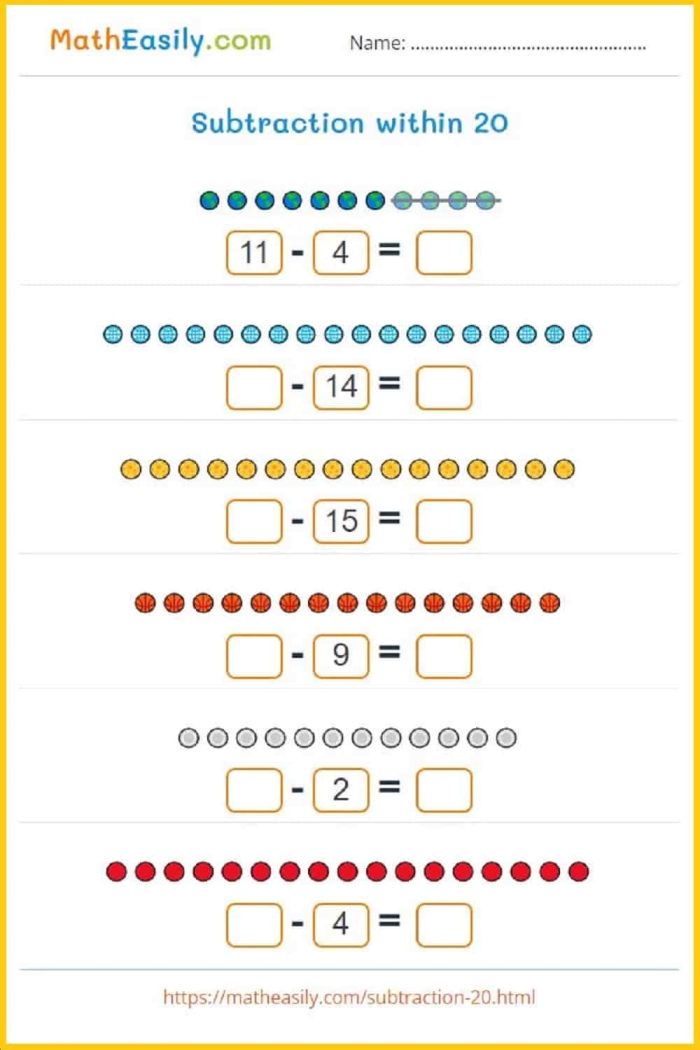 Spring-themed math puzzle worksheet focusing on addition and subtraction within 20 for first graders