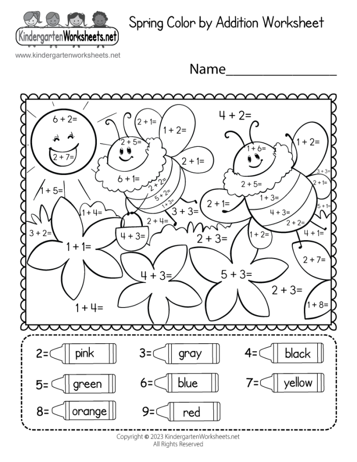 Spring-themed addition practice for young learners with seasonal flower illustrations First grade spring addition worksheet with colorful flowers and simple math problems for rainy day learning