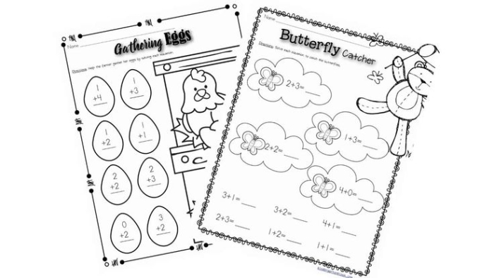 Springtime Addition Practice Sheet 2 for Elementary Students First grade spring addition worksheet with colorful flowers and math problems for kids