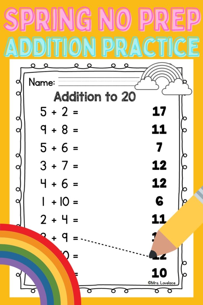 First grade student practicing 20 one-digit addition math problems on a springtime themed worksheet