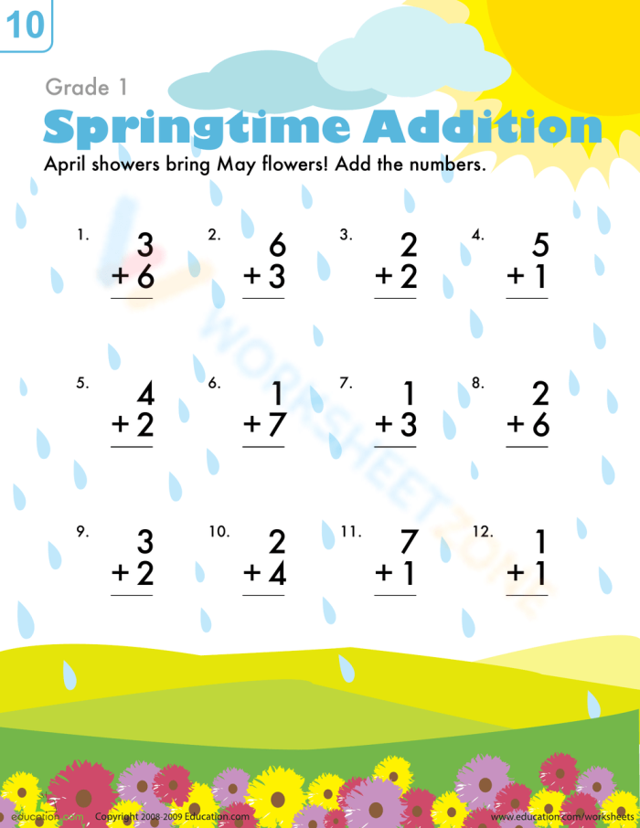 Springtime Addition Worksheet for First Grade Practice 14 First grade student working on a spring-themed addition worksheet with flower graphics