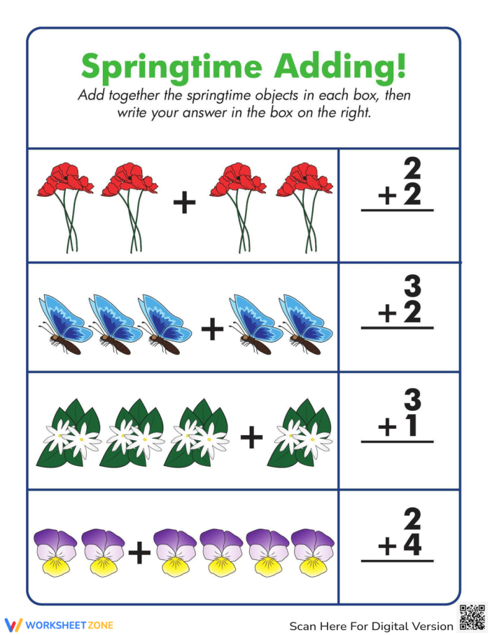 Springtime Addition Practice Sheet 13 for First Grade Students First grade spring-themed addition worksheet with colorful flowers and simple math problems for early learners