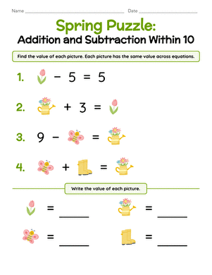 Spring math worksheet featuring addition and subtraction puzzles for first grade students