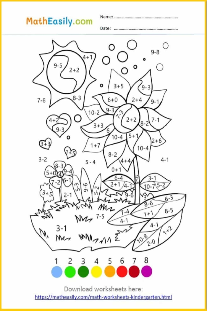 Colorful spring-themed math puzzle showing addition and subtraction problems within 10 for first grade students