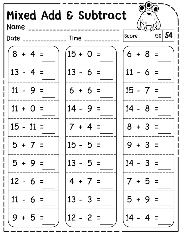 First grade students solving a spring themed math puzzle worksheet with addition and subtraction problems up to 10