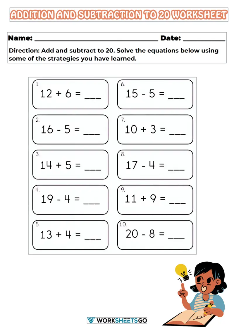First grade student solving a spring themed addition and subtraction within 20 math puzzle worksheet