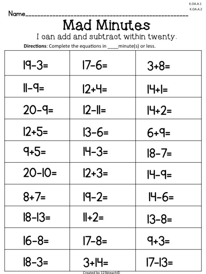 First grade math worksheet featuring a spring themed addition and subtraction puzzle for numbers up to 20
