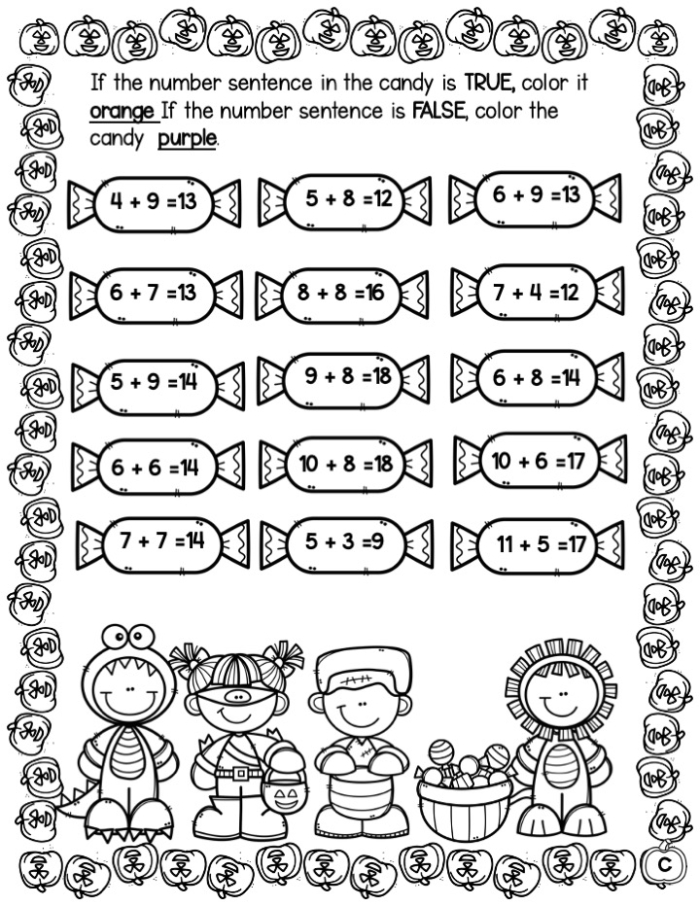 Colorful spring-themed worksheet featuring addition and subtraction problems within 20 for first graders