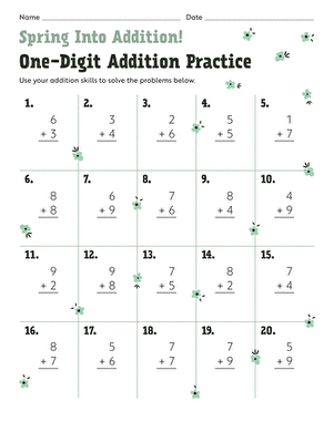 First grade student completing a spring themed one-digit addition worksheet with twenty problems