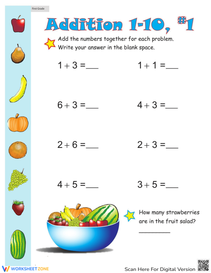 Spring Into Addition! One-Digit addition practice worksheet featuring 20 problems for first graders