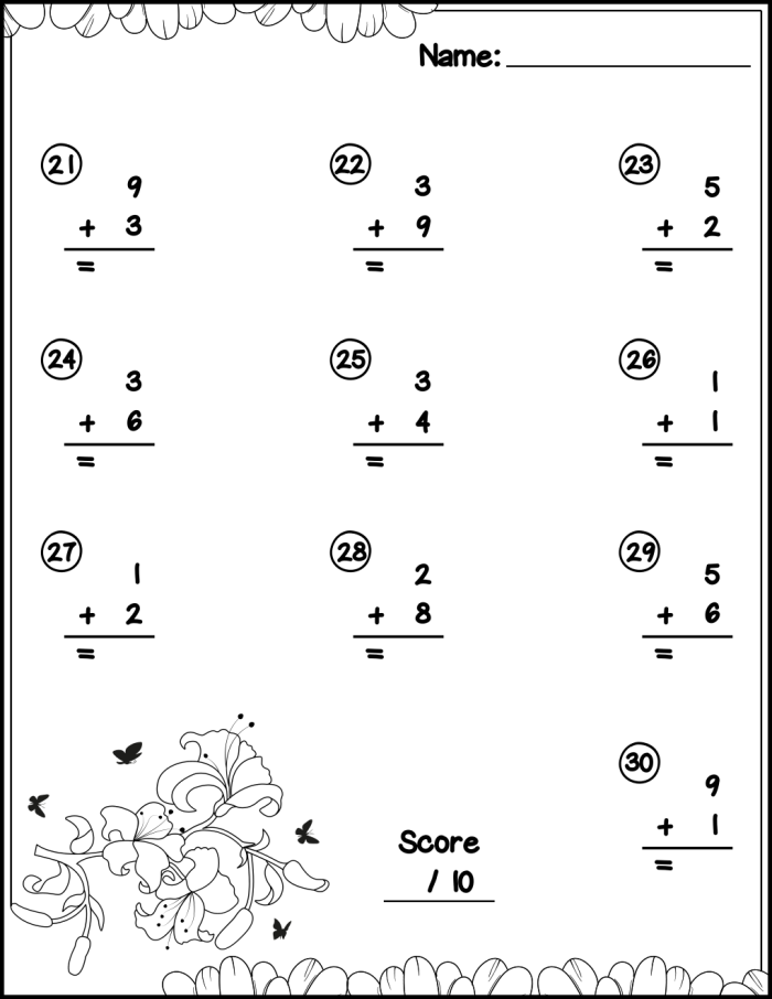 First grade students practice 20 single digit addition problems on this spring themed math worksheet