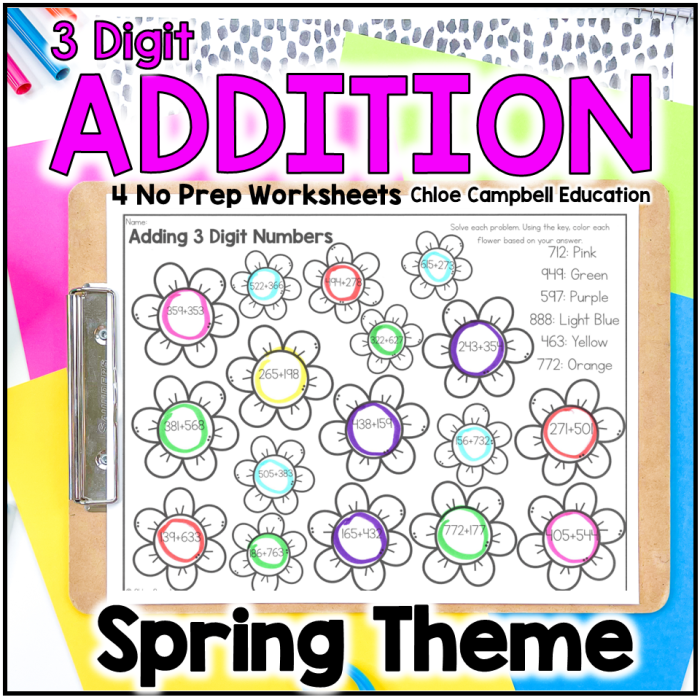 Spring Into Addition worksheet featuring one-digit addition problems for first graders