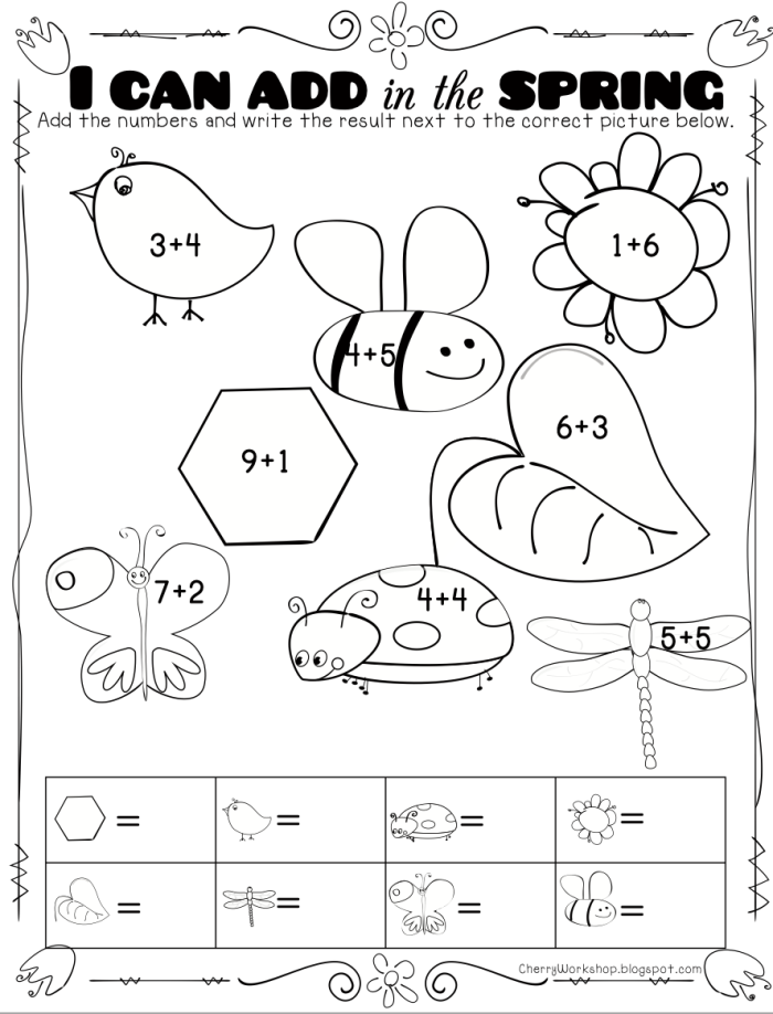 First grade students practicing single digit math problems on a spring themed addition worksheet