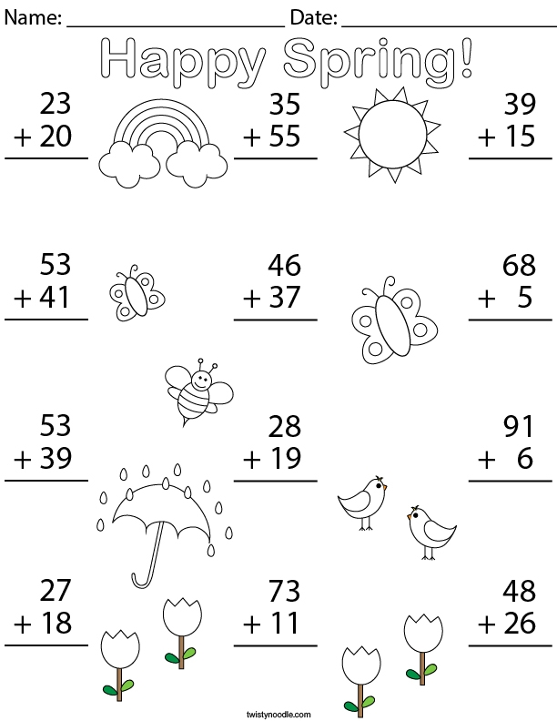 First grade student worksheet featuring twenty springtime themed single-digit addition math problems for practice