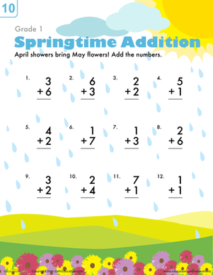 First grade student completing a spring themed one-digit addition math practice sheet