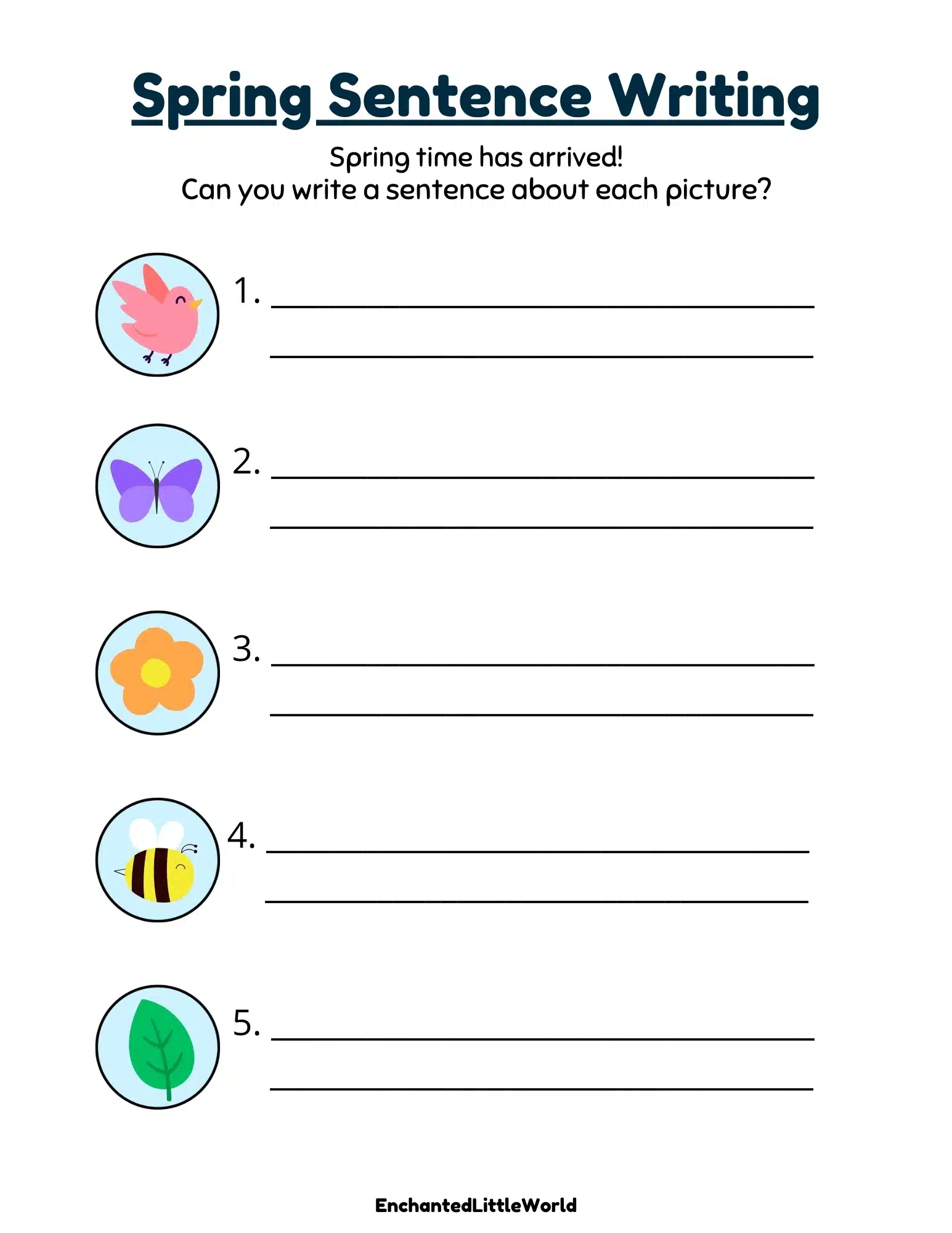 Spring Adjectives worksheet for second graders focusing on descriptive sentence writing