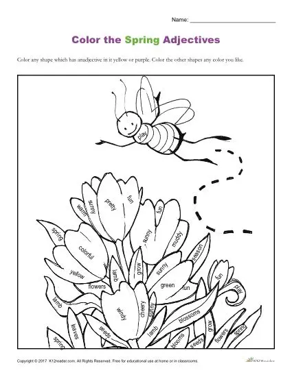Second grade worksheet featuring spring-themed sentences for students to practice descriptive adjectives