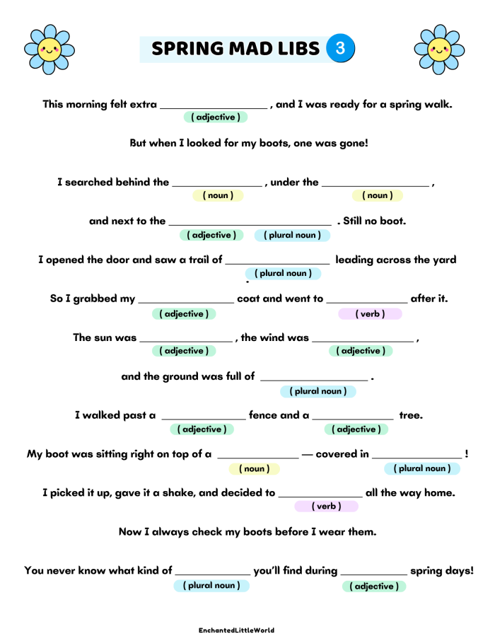 Second grade students learning to use spring-themed descriptive adjectives on a grammar worksheet