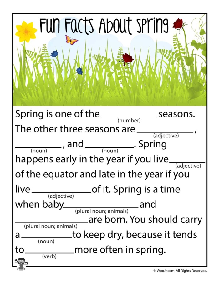 Spring Adjectives worksheet for second graders focusing on grammar and descriptive writing