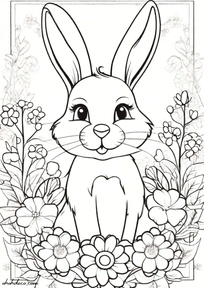 Kindergarten student coloring a fuzzy bunny sitting in a spring basket worksheet