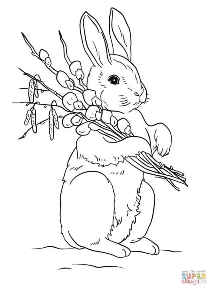 A cute bunny sitting in a basket for kids to color during springtime
