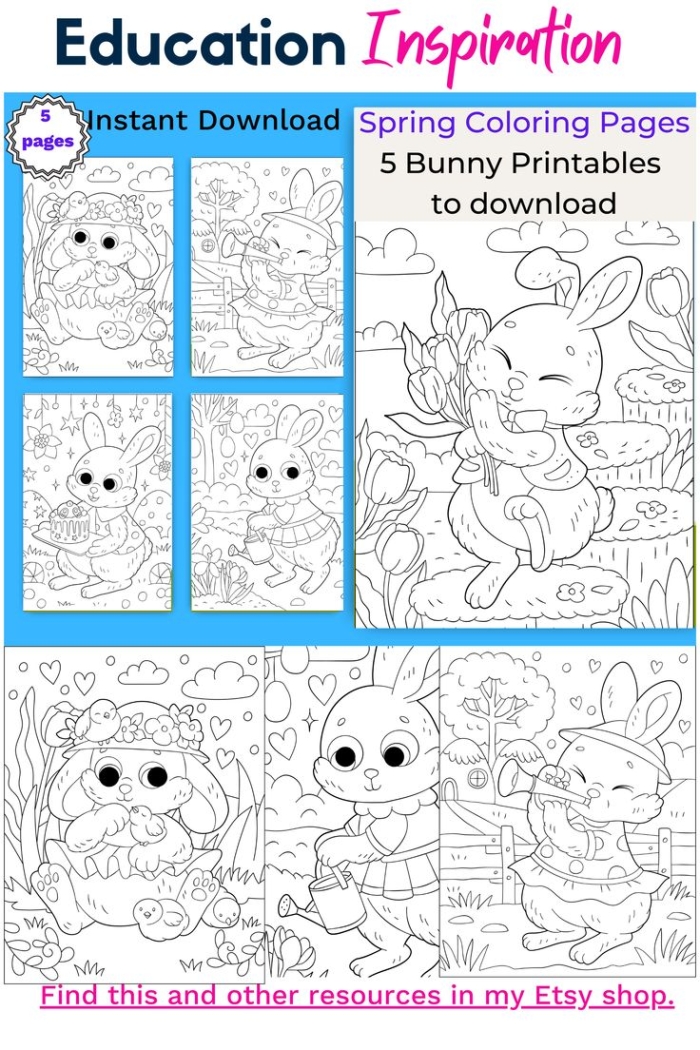 Kindergarten worksheet featuring a cute bunny in a spring basket for children to color