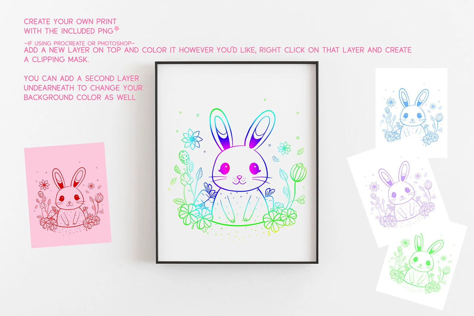 A cute bunny sitting in a wicker basket surrounded by spring flowers for kindergarten students to color