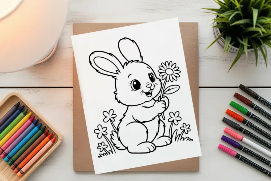 Kindergarten worksheet featuring a cute bunny in a basket to color for spring reading activities