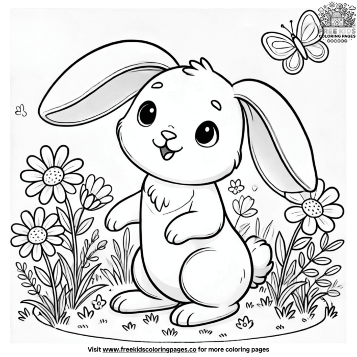 Kindergarten worksheet featuring a cute bunny in a basket to color for spring