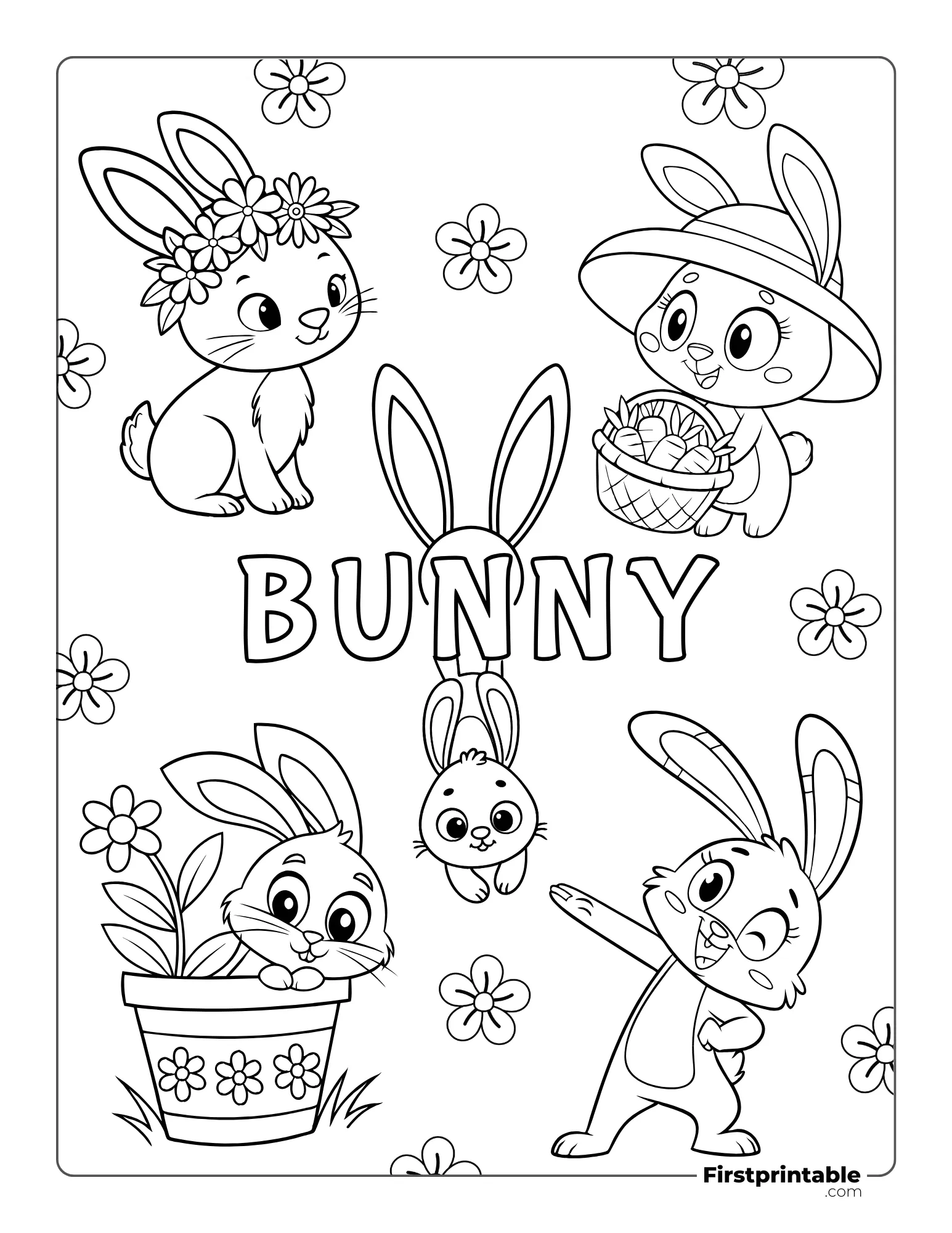Kindergarten reading worksheet featuring a cute fuzzy bunny sitting in a basket for spring coloring activity 18