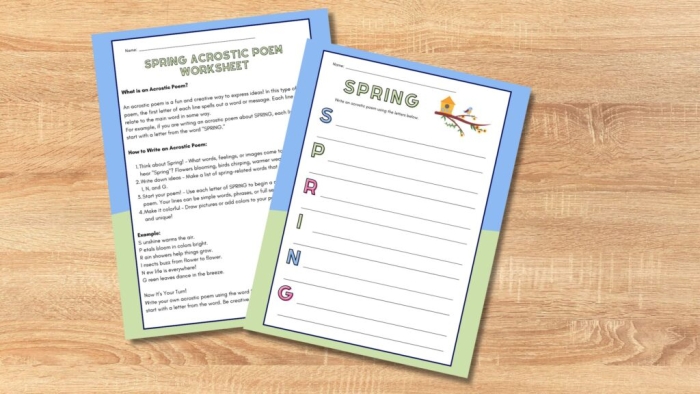 First grade students practicing creative writing with a spring acrostic poem worksheet