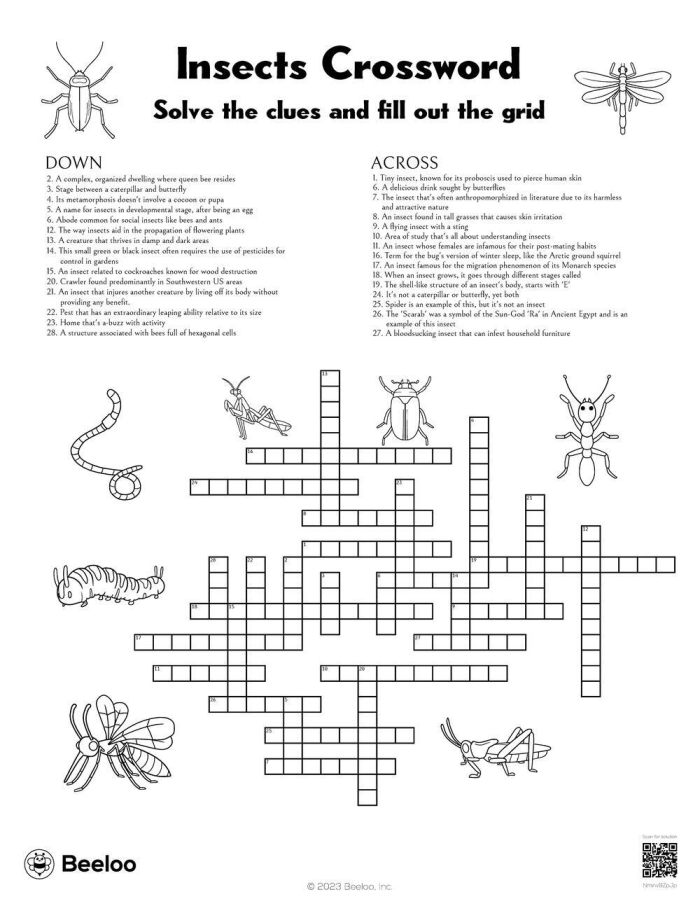 Insect crossword puzzle for spring learning in life science Spring-themed crossword worksheet featuring various insects for second graders
