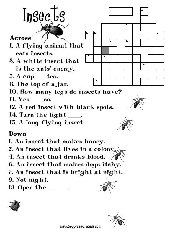 Spring Insects Crossword Puzzle Worksheet for Grade 2 Life Science Second grade science worksheet featuring a spring insect crossword puzzle for kids