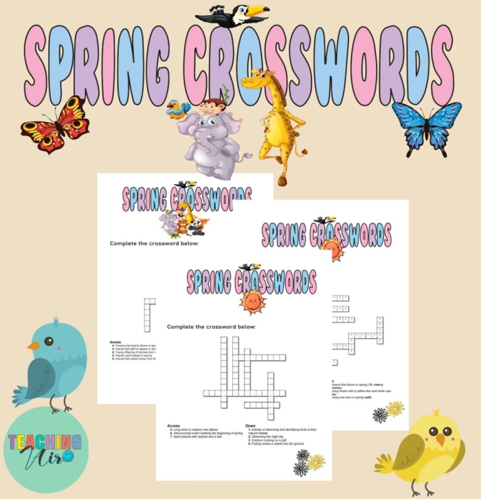 Spring Crossword Worksheet for Young Learners with Bird and Nature Words Second grade students solving a spring-themed crossword puzzle about nesting birds and spring vocabulary