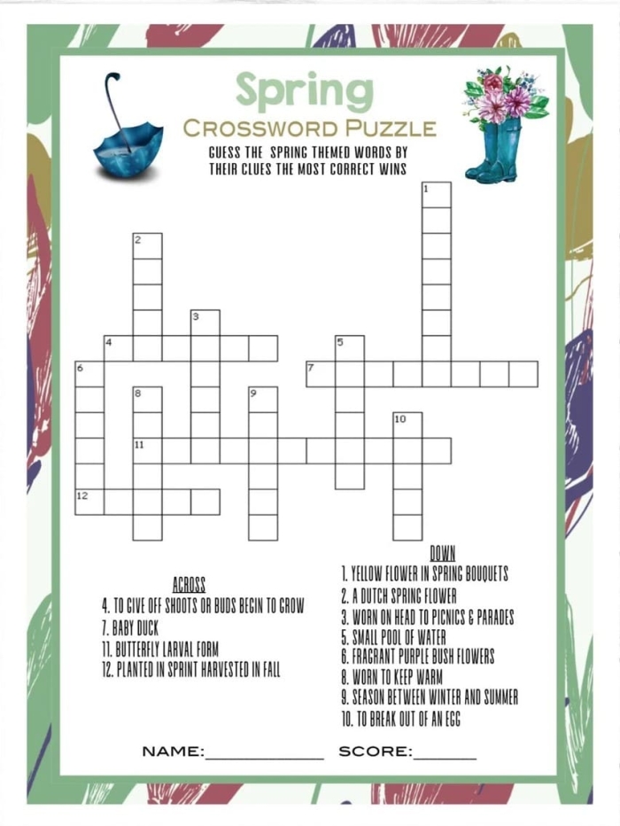Spring themed crossword puzzle worksheet for second grade students learning fractions