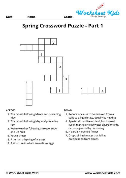 Second grade spring-themed crossword puzzle worksheet with fraction vocabulary clues and blank grid spaces for students to practice spelling and math terms