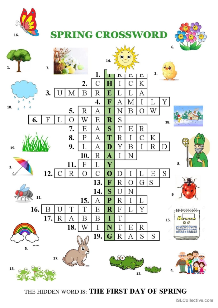Second grade student solving a spring themed crossword puzzle about fractions
