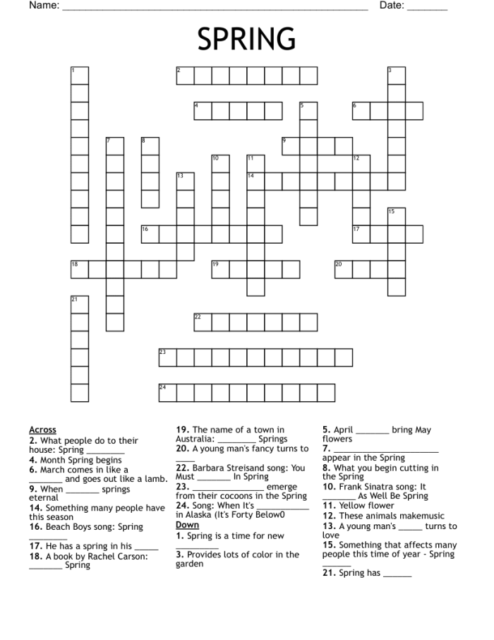 Second grade spring crossword puzzle worksheet with vocabulary and spelling activity for young learners