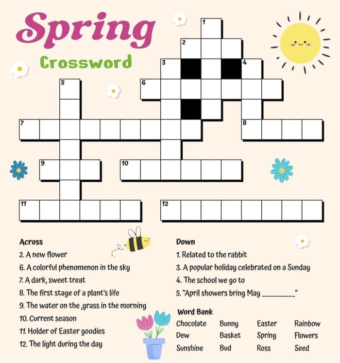 Second grade students solving a spring-themed crossword puzzle to practice vocabulary and spelling skills