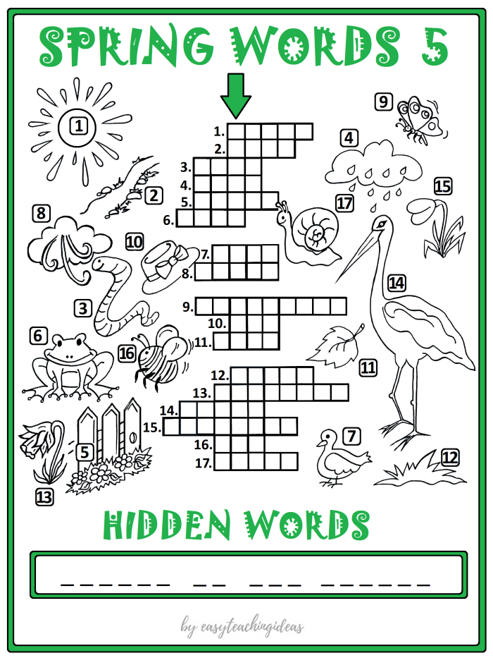 Second grade student solving a spring-themed fraction crossword puzzle worksheet